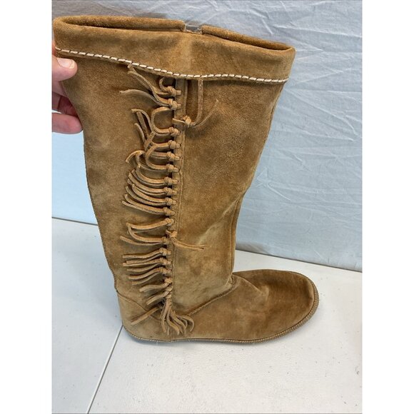 UGG Mammoth Moccasin Brown Sz 9 Suede Leather Fringed Tall Boots Festival‎ Boho - Picture 3 of 11